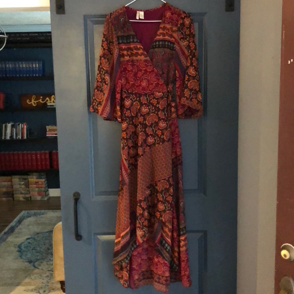 Burgundy Mixed Print Wrap Dress